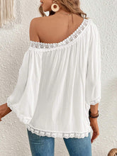Guipure Lace Trim Asymmetrical Neck Trumpet Sleeve Blouse